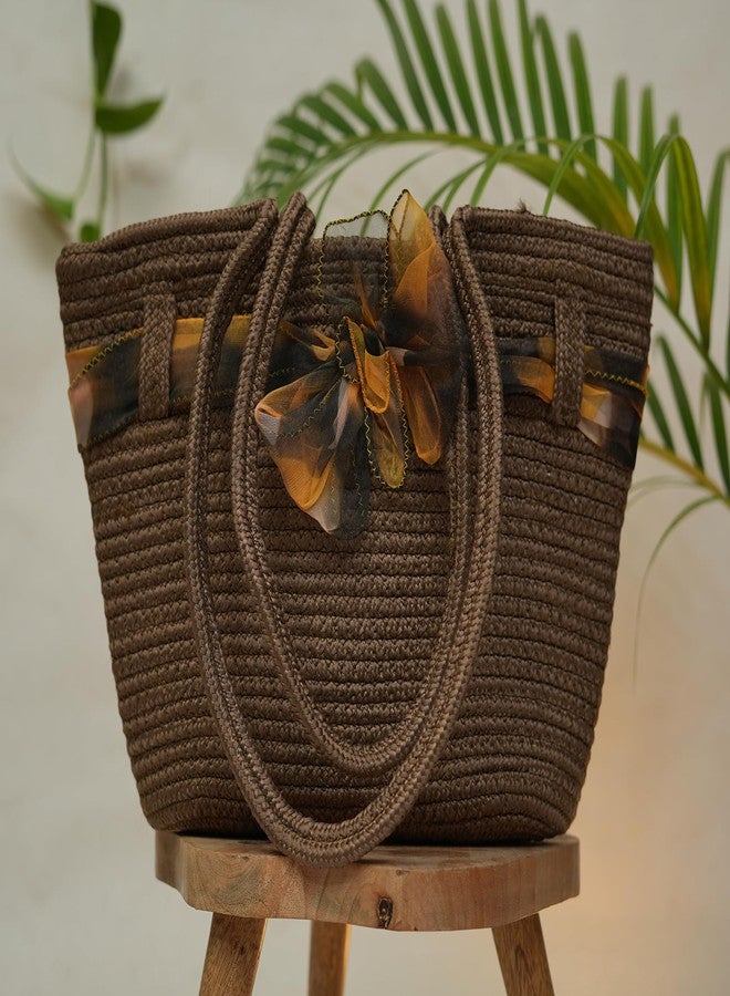 Ariya Women Handbag with Ribbon (4071 | Brown) Handcrafted PP & Cotton Blend Shoulder Purse, Perfect for Ladies & Girls, Lightweight Tote Bag for Daily Use, Casual, Travel & All Occasions - Image 2